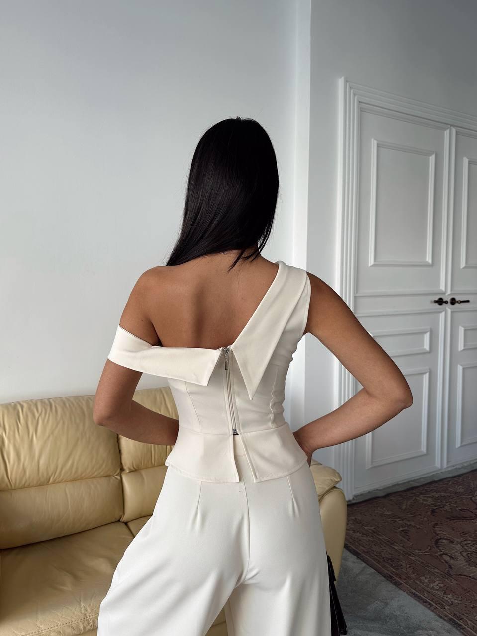 Bej Omuz Detaylı Bluz Palazzo Pantolon Takım